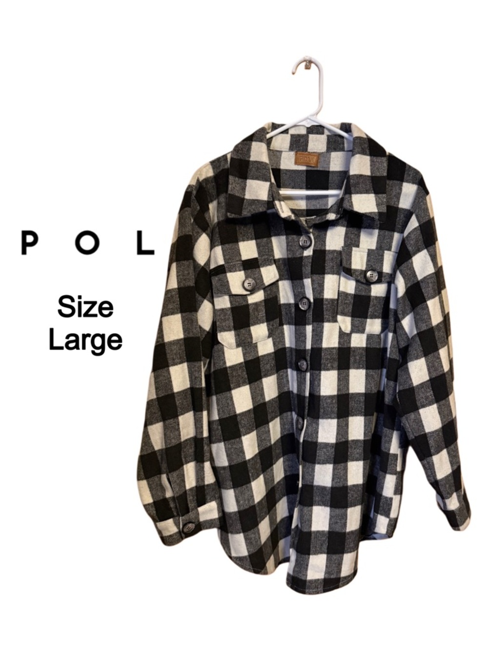 🖤 POL Plaid Flannel Shacket L Oversized Cream Black Boho Outdoor Layer 🖤